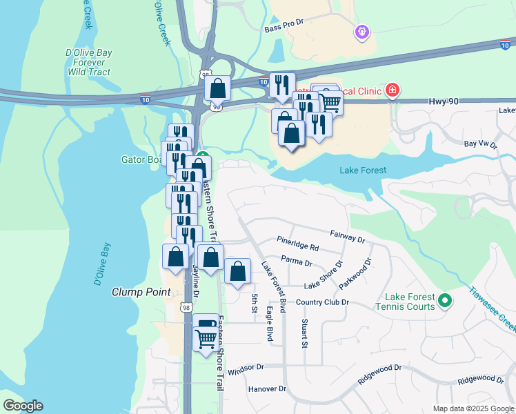 map of restaurants, bars, coffee shops, grocery stores, and more near 1000 Dolive Springs Drive in Daphne