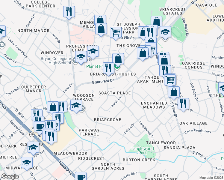 map of restaurants, bars, coffee shops, grocery stores, and more near 3504 Hillcrest Circle in Bryan