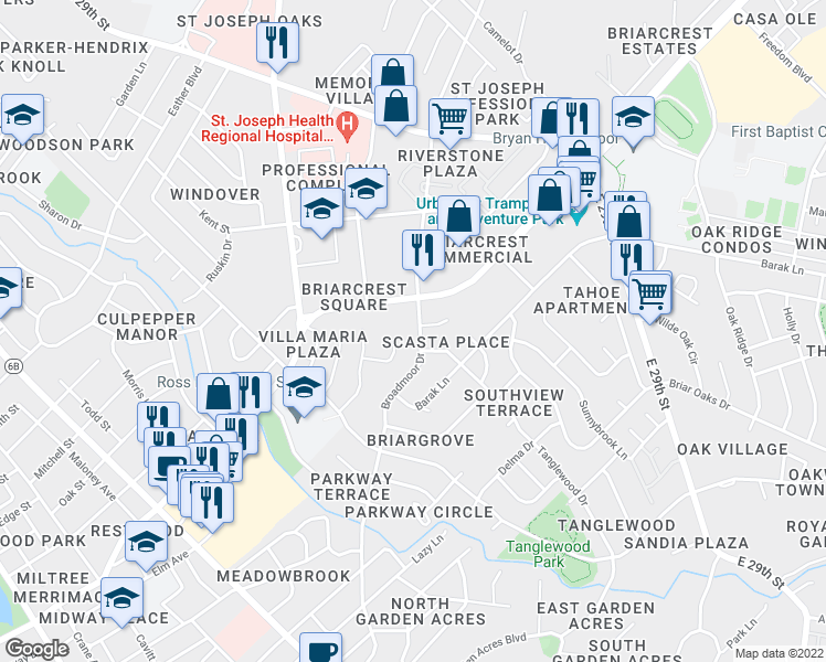 map of restaurants, bars, coffee shops, grocery stores, and more near 1411 Broadmoor Drive in Bryan