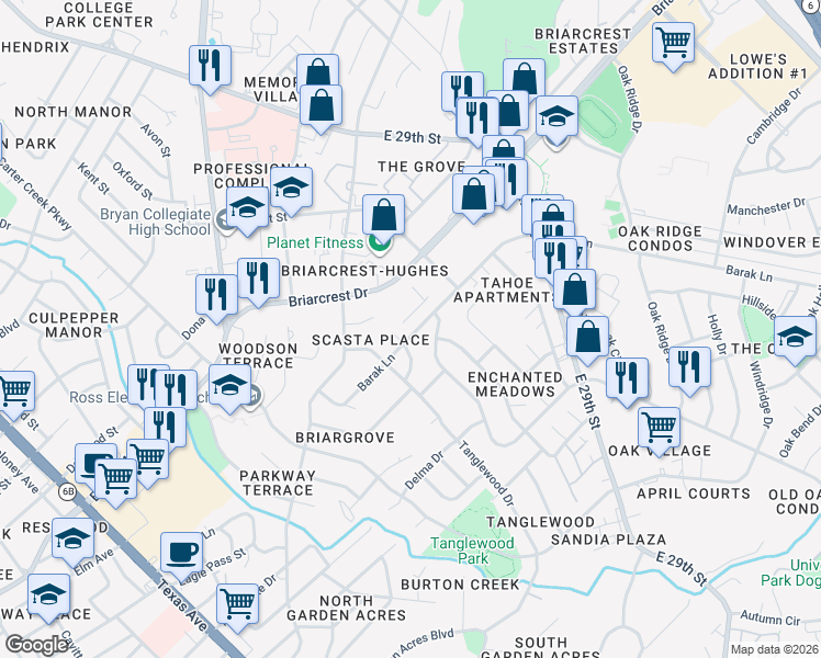 map of restaurants, bars, coffee shops, grocery stores, and more near 1503 Barak Lane in Bryan