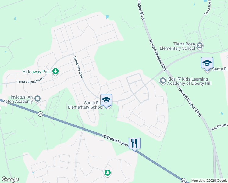 map of restaurants, bars, coffee shops, grocery stores, and more near 129 Mindy Way in Liberty Hill