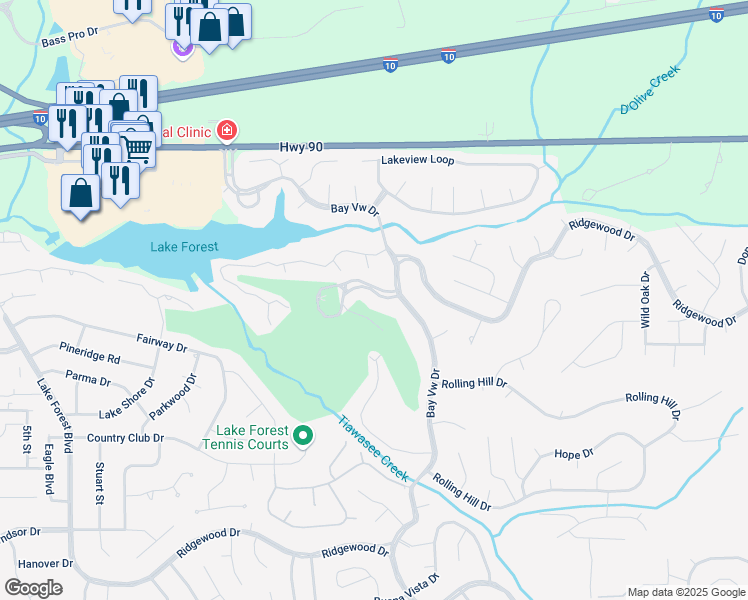 map of restaurants, bars, coffee shops, grocery stores, and more near 127 Golf Terrace in Daphne