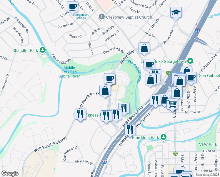 map of restaurants, bars, coffee shops, grocery stores, and more near 1502 Rivery Boulevard in Georgetown