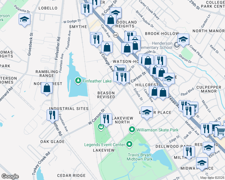 map of restaurants, bars, coffee shops, grocery stores, and more near 2001 Miller Avenue in Bryan