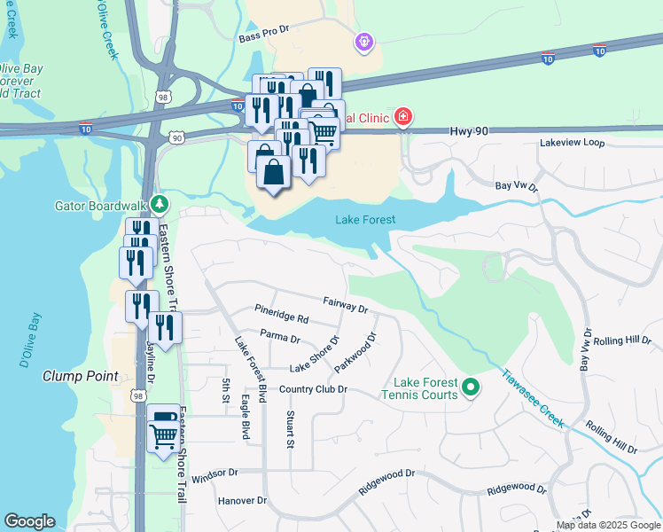 map of restaurants, bars, coffee shops, grocery stores, and more near 30 Lake Shore Drive in Daphne
