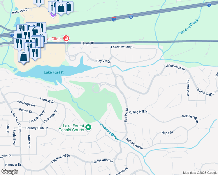 map of restaurants, bars, coffee shops, grocery stores, and more near 127 Golf Terrace in Daphne