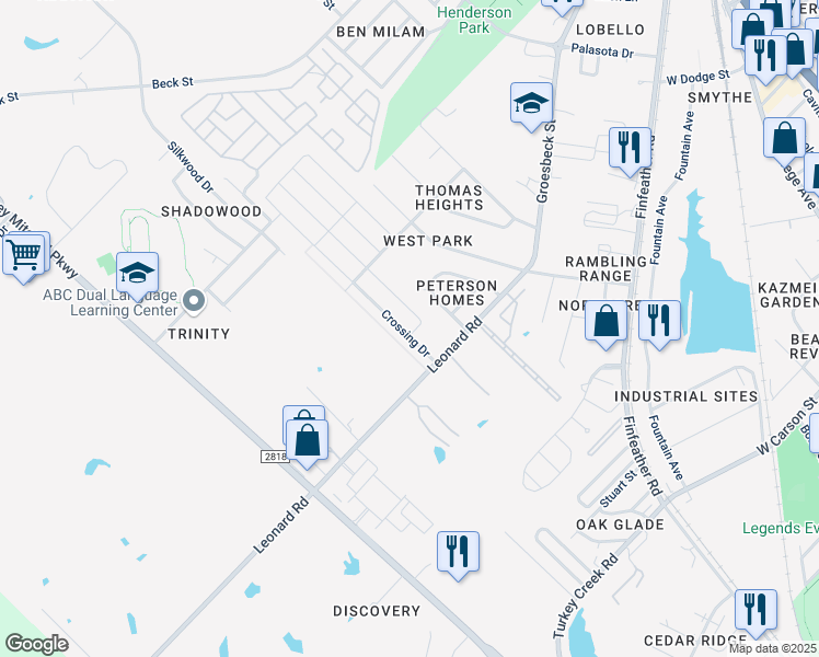 map of restaurants, bars, coffee shops, grocery stores, and more near 1119 Crossing Drive in Bryan