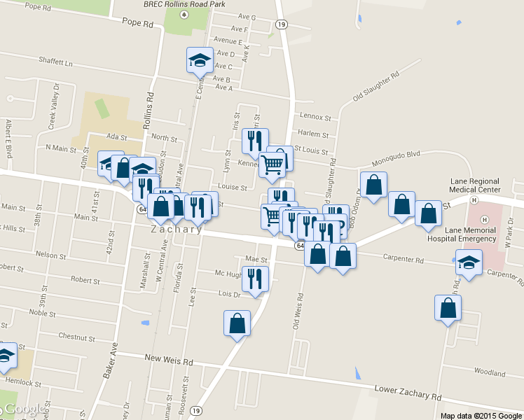 map of restaurants, bars, coffee shops, grocery stores, and more near 5005 Church Street in Zachary