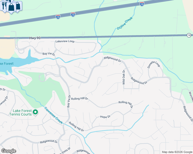 map of restaurants, bars, coffee shops, grocery stores, and more near 133 Broadmoor Drive in Daphne