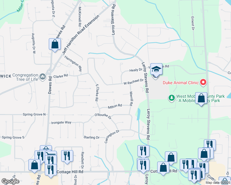 map of restaurants, bars, coffee shops, grocery stores, and more near 8330 Jeptha Court in Mobile