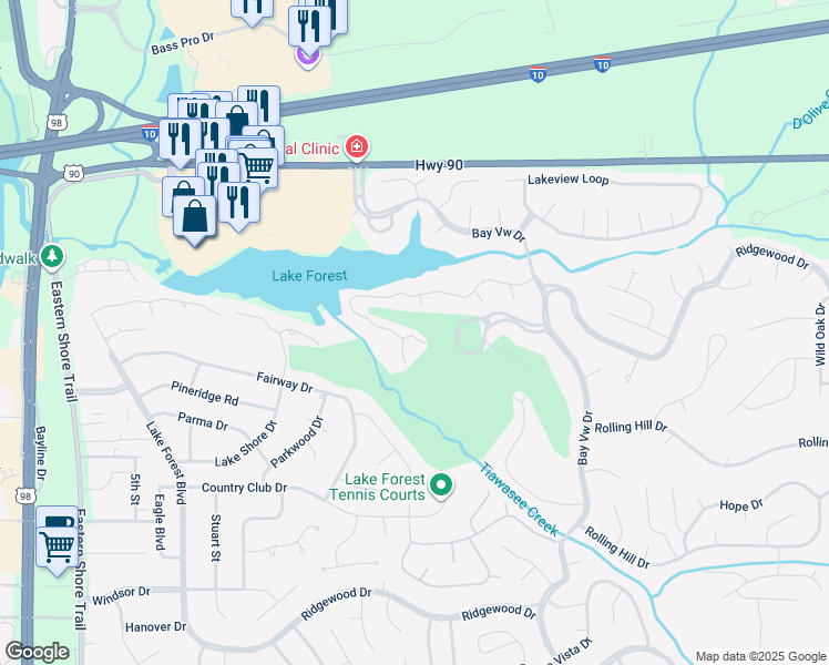 map of restaurants, bars, coffee shops, grocery stores, and more near 133 Lake Front Drive in Daphne
