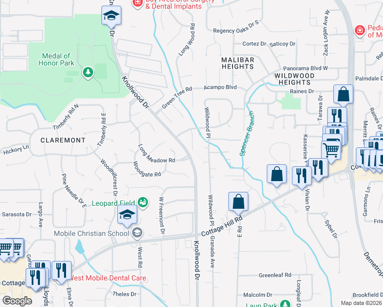 map of restaurants, bars, coffee shops, grocery stores, and more near 1828 Spring Brook Court in Mobile