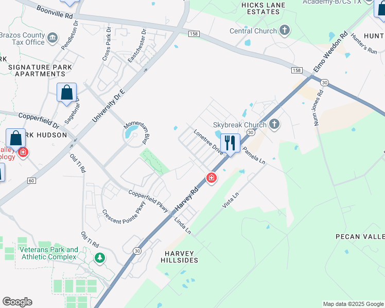 map of restaurants, bars, coffee shops, grocery stores, and more near 1489 Buena Vista Drive in College Station