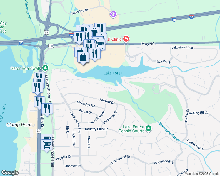 map of restaurants, bars, coffee shops, grocery stores, and more near 25 Lake Shore Drive in Daphne