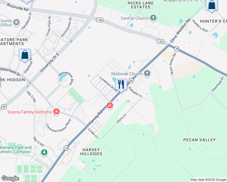 map of restaurants, bars, coffee shops, grocery stores, and more near 3828 Silverthorne Lane in College Station