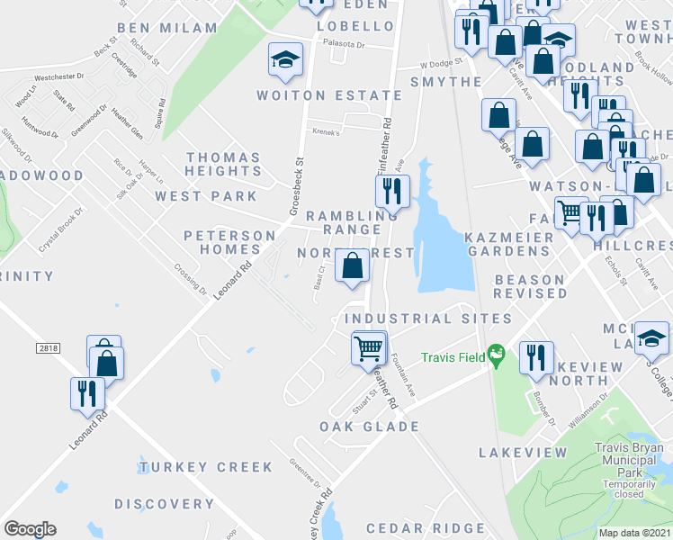 map of restaurants, bars, coffee shops, grocery stores, and more near 905 Northcrest Drive in Bryan