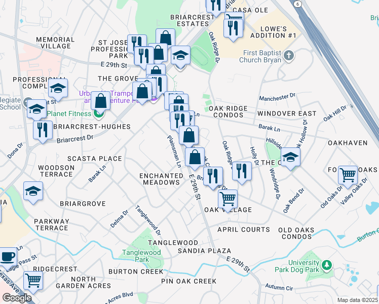 map of restaurants, bars, coffee shops, grocery stores, and more near 1800 Wilde Oak Circle in Bryan