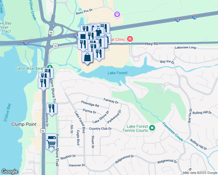 map of restaurants, bars, coffee shops, grocery stores, and more near 30 Lake Shore Drive in Daphne
