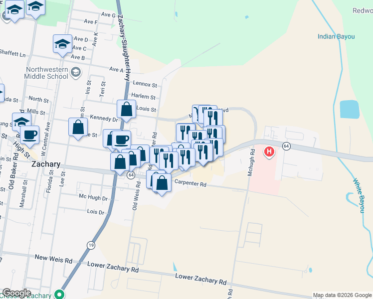 map of restaurants, bars, coffee shops, grocery stores, and more near 5647 Main Street in Zachary