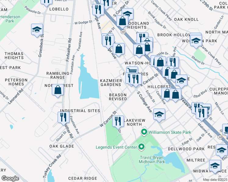 map of restaurants, bars, coffee shops, grocery stores, and more near 1905 Beason Street in Bryan