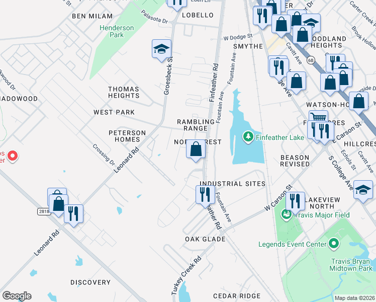 map of restaurants, bars, coffee shops, grocery stores, and more near 911 Northcrest Drive in Bryan