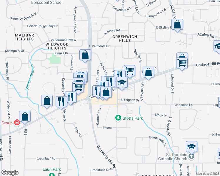 map of restaurants, bars, coffee shops, grocery stores, and more near 5012 Cottage Hill Road in Mobile