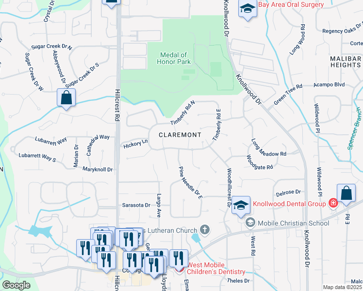 map of restaurants, bars, coffee shops, grocery stores, and more near 6036 Timberly Road South in Mobile