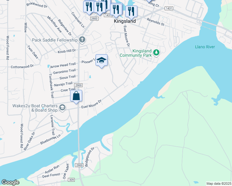 map of restaurants, bars, coffee shops, grocery stores, and more near 934 Euel Moore Drive in Kingsland