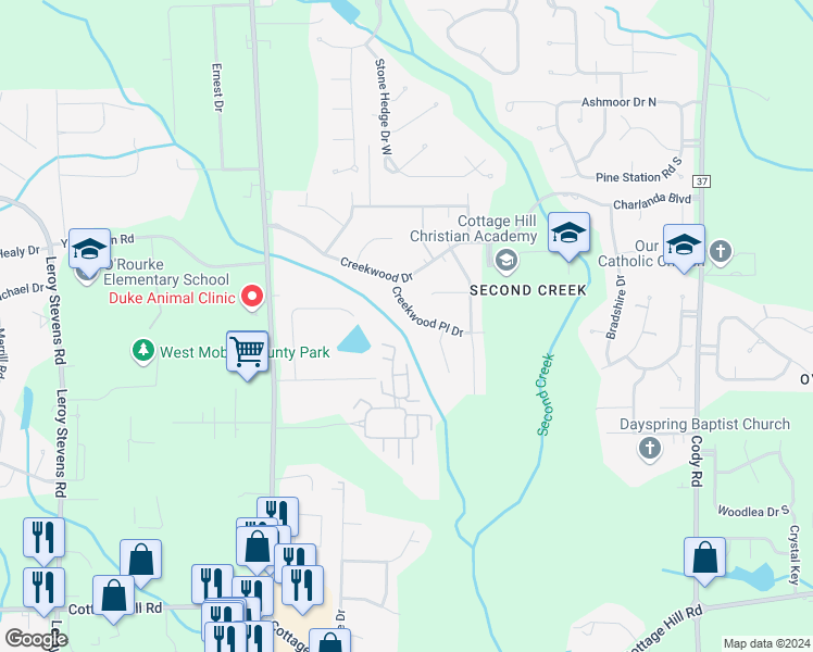 map of restaurants, bars, coffee shops, grocery stores, and more near 1970 Creekwood Place Drive in Mobile
