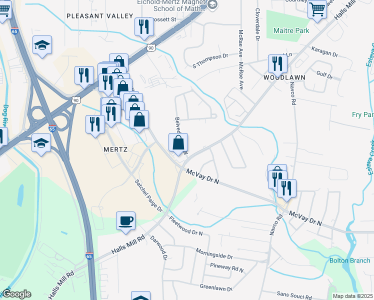 map of restaurants, bars, coffee shops, grocery stores, and more near 1109 Belvedere Circle West in Mobile