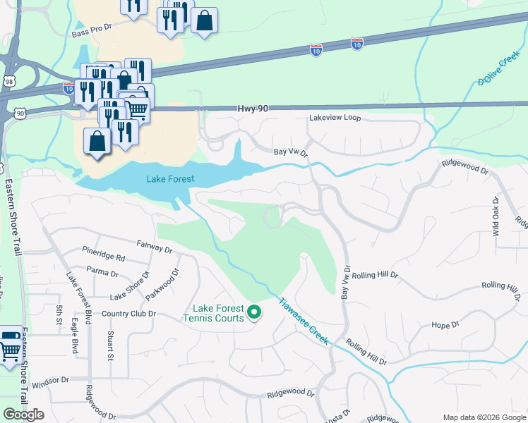 map of restaurants, bars, coffee shops, grocery stores, and more near 1 Golf Terrace in Daphne