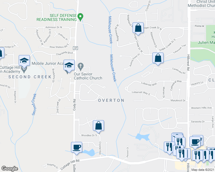 map of restaurants, bars, coffee shops, grocery stores, and more near 6750 Stoneridge Court in Mobile