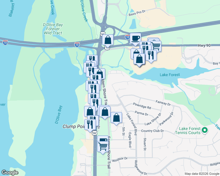 map of restaurants, bars, coffee shops, grocery stores, and more near 29100 North Main Street in Daphne