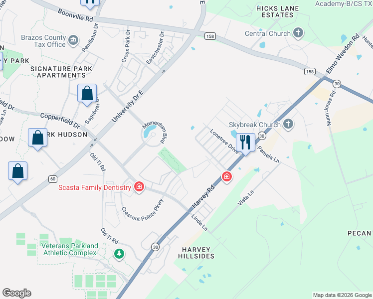 map of restaurants, bars, coffee shops, grocery stores, and more near 2201 Crescent Pointe Parkway in College Station