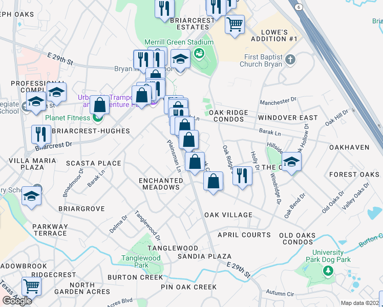map of restaurants, bars, coffee shops, grocery stores, and more near 1800 Wilde Oak Circle in Bryan