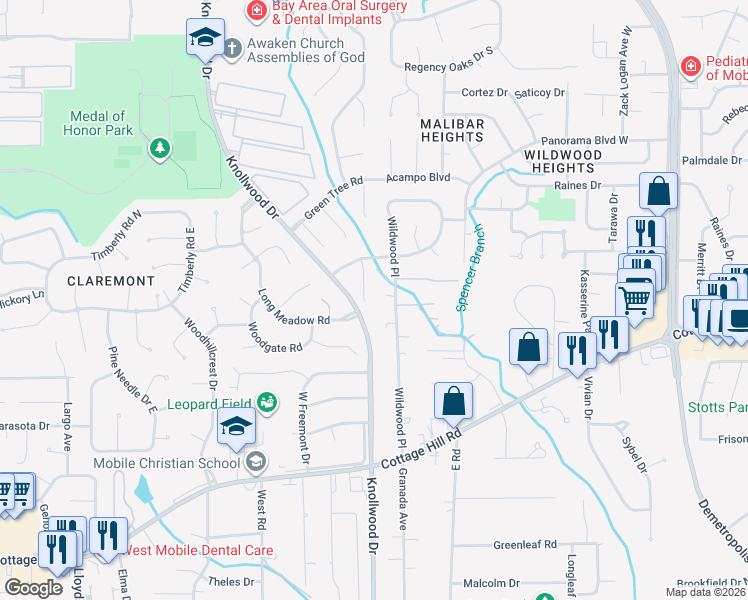 map of restaurants, bars, coffee shops, grocery stores, and more near 1828 Spring Brook Court in Mobile