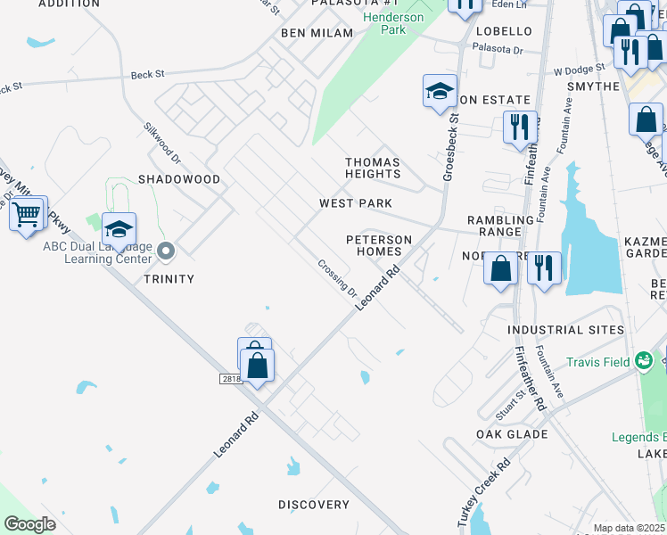 map of restaurants, bars, coffee shops, grocery stores, and more near 1129 Crossing Drive in Bryan