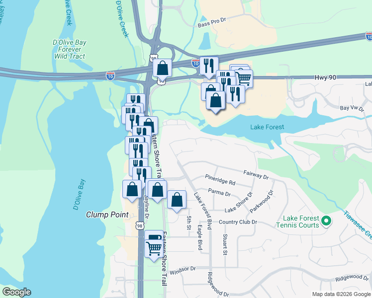 map of restaurants, bars, coffee shops, grocery stores, and more near 1000 Dolive Springs Drive in Daphne