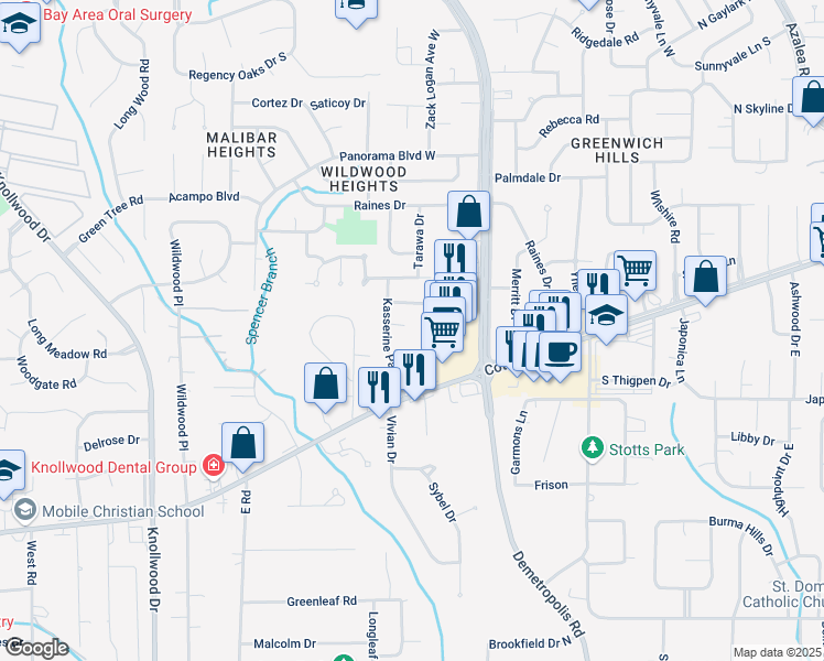 map of restaurants, bars, coffee shops, grocery stores, and more near 4301 Nadzab Court in Mobile