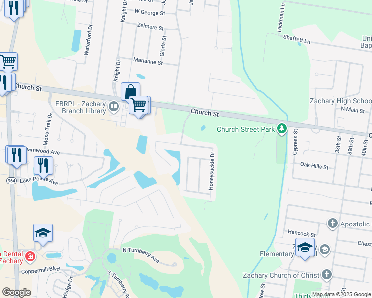 map of restaurants, bars, coffee shops, grocery stores, and more near 2536 Creek Hollow Avenue in Zachary