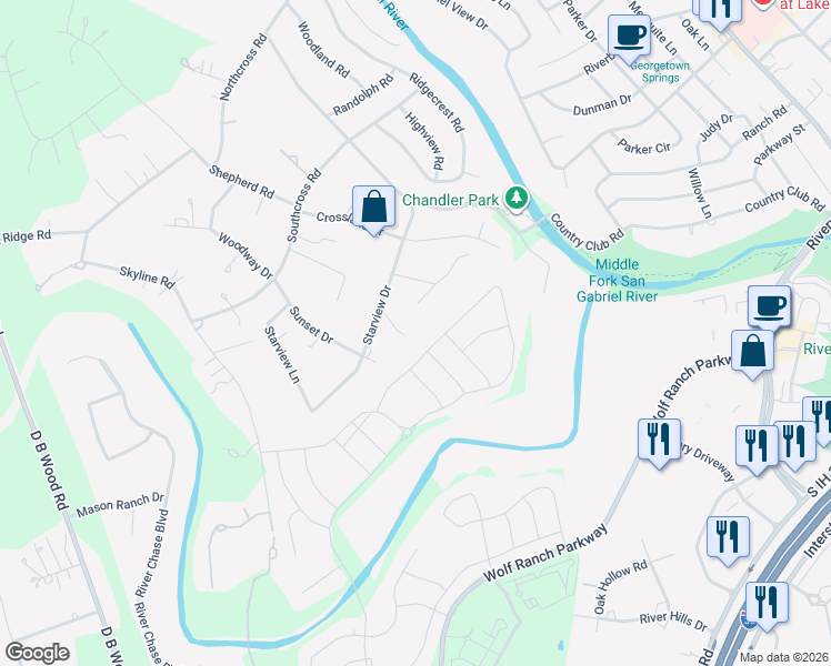 map of restaurants, bars, coffee shops, grocery stores, and more near 300 Fawn Lane in Georgetown