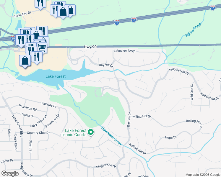 map of restaurants, bars, coffee shops, grocery stores, and more near 130 Golf Terrace in Daphne