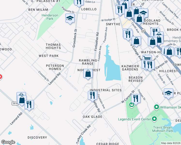 map of restaurants, bars, coffee shops, grocery stores, and more near 2000 Finfeather Road in Bryan