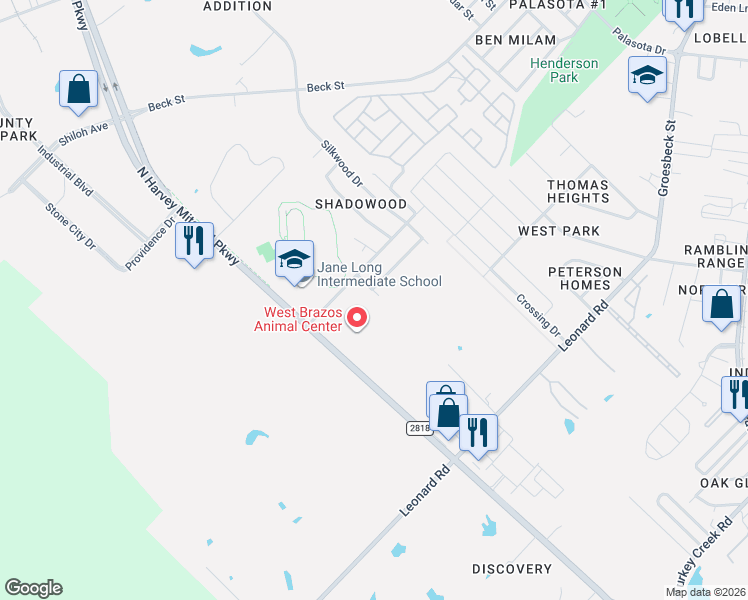map of restaurants, bars, coffee shops, grocery stores, and more near 598 Imperial Valley Drive in Bryan