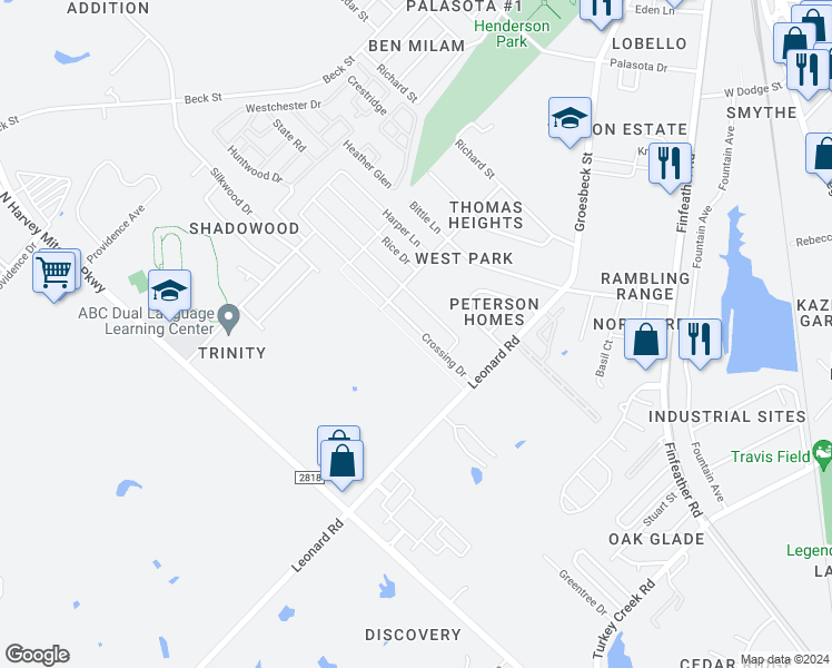 map of restaurants, bars, coffee shops, grocery stores, and more near 1118 Crossing Drive in Bryan