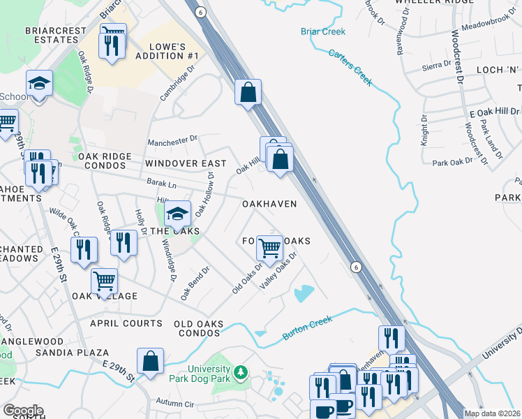 map of restaurants, bars, coffee shops, grocery stores, and more near 2822 Oakside Drive in Bryan