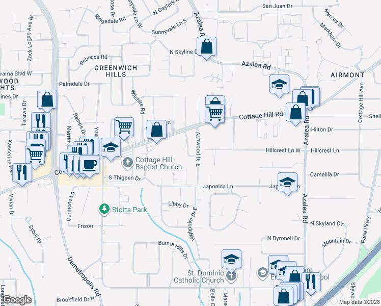map of restaurants, bars, coffee shops, grocery stores, and more near 767 West Ashwood Drive in Mobile