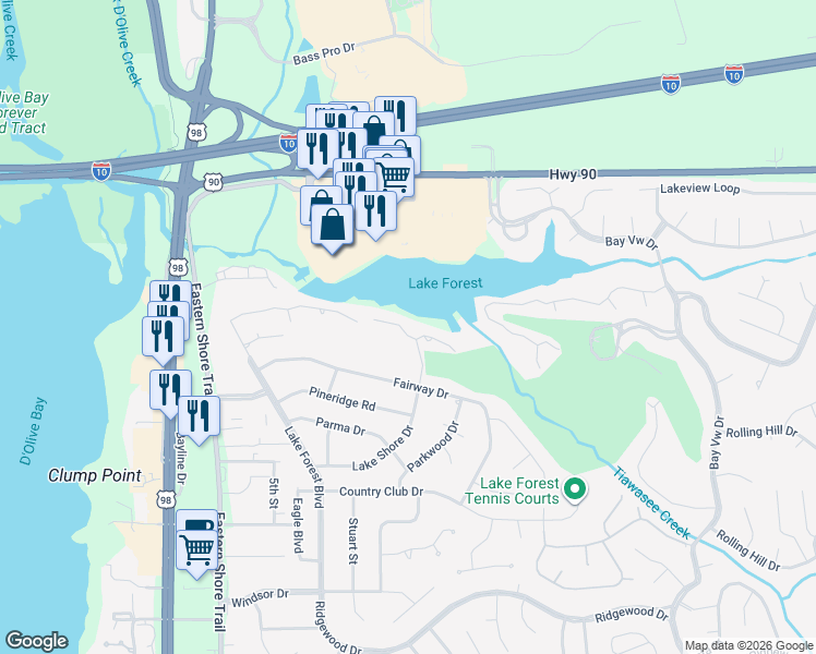 map of restaurants, bars, coffee shops, grocery stores, and more near 30 Lake Shore Drive in Daphne