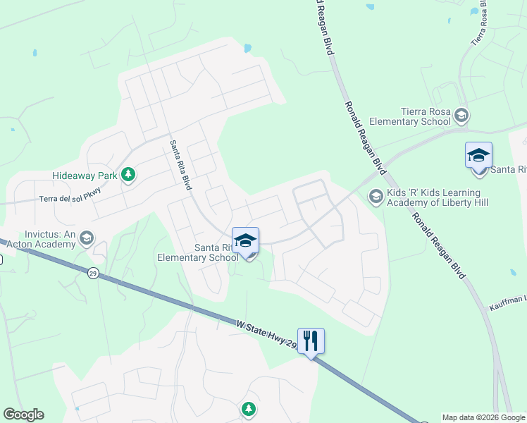 map of restaurants, bars, coffee shops, grocery stores, and more near 129 Mindy Way in Liberty Hill
