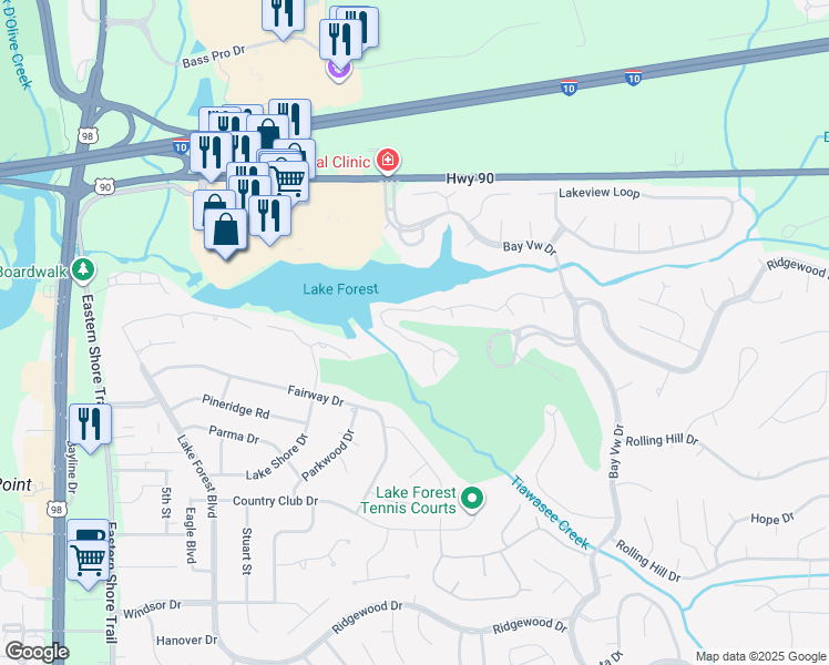 map of restaurants, bars, coffee shops, grocery stores, and more near 32 Lake Front Drive in Daphne